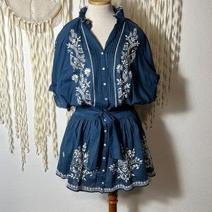 Juliet Dunn Dusty Blue with White Embroidered Blouson Mini Dress Size 1(4/6)
